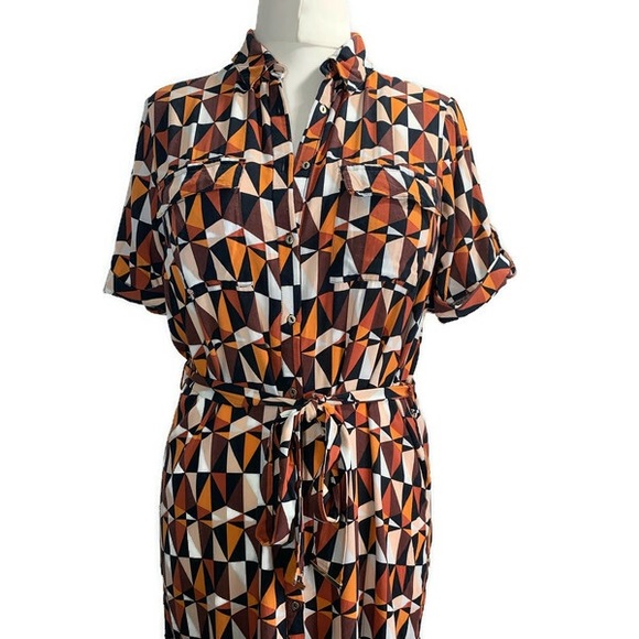 Dorothy Perkins Shirt Dress Orange Black Geometric Print Belted Rolled Sleeve 12 - Picture 2 of 13